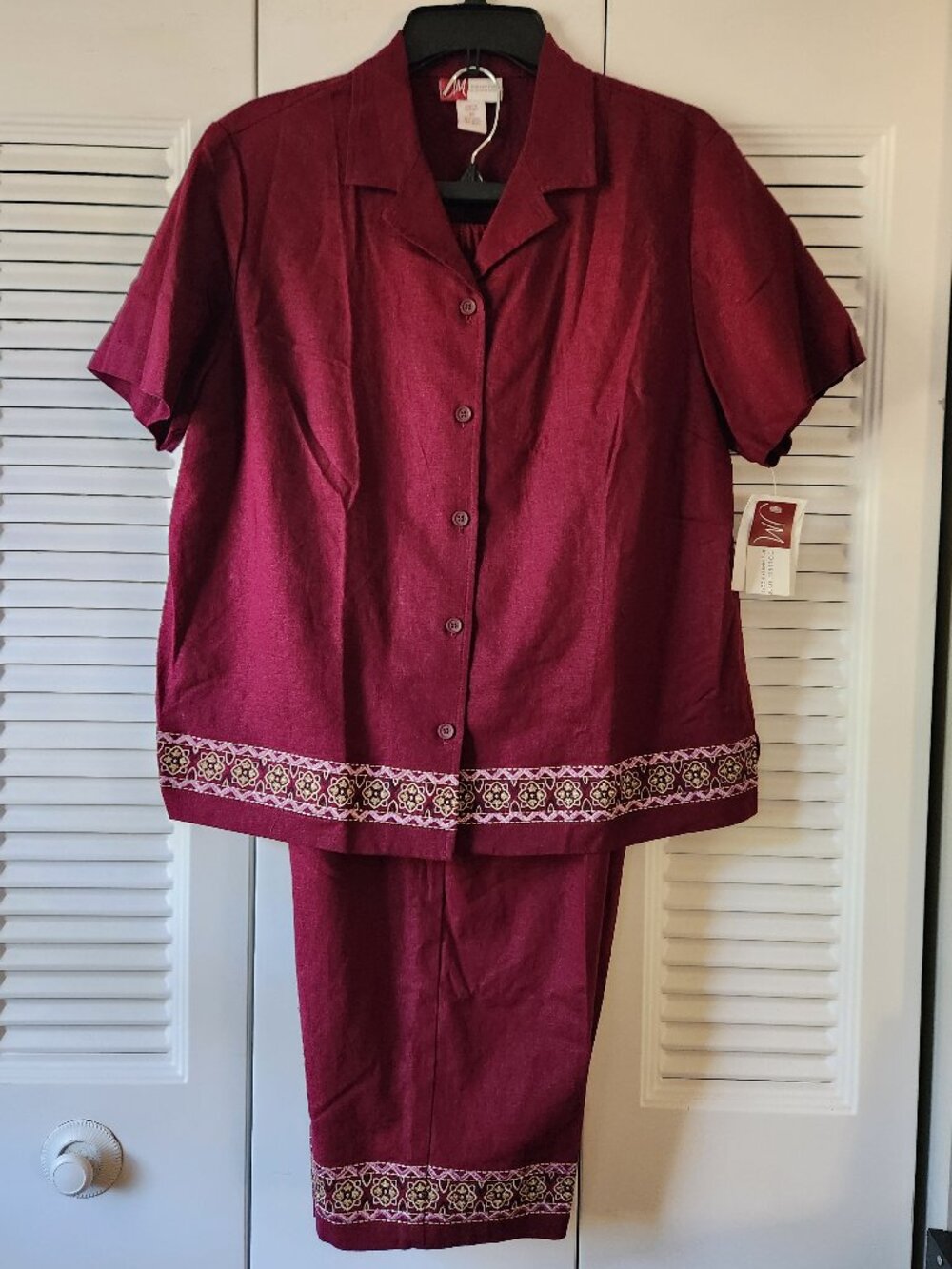 Jennifer Moore Burgundy Linen Blend Capri Length Pantsuit Embroidered WM Size 16